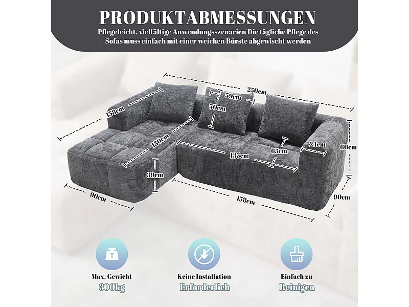 Canapé d'angle convertible en tissu Chenille - 3 places - avec 3 oreillers - Gris - 250x158x60cm
