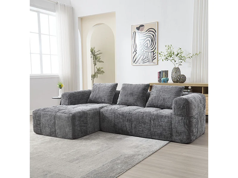 Canapé d'angle convertible en tissu Chenille - 3 places - avec 3 oreillers - Gris - 250x158x60cm