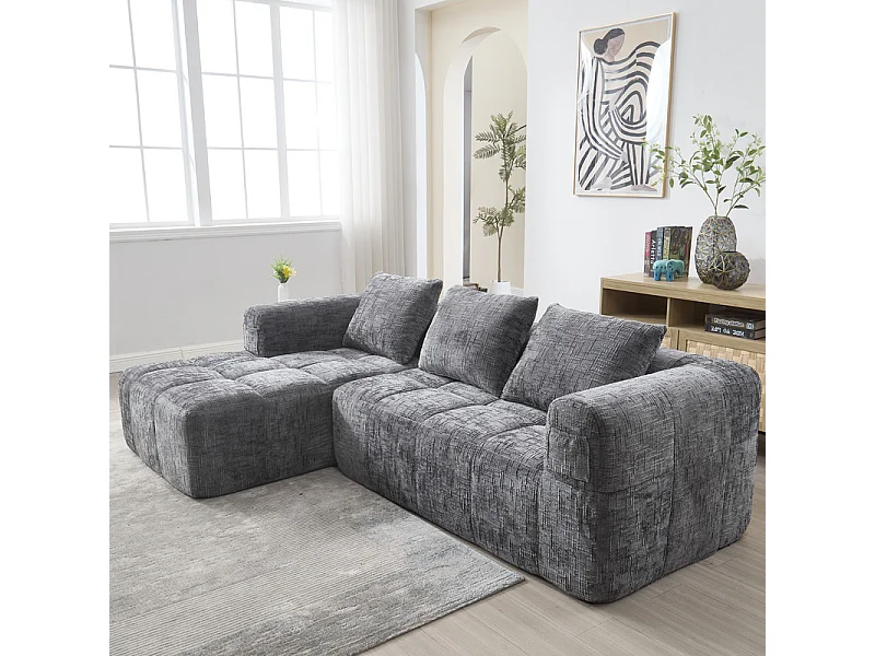 Canapé d'angle convertible en tissu Chenille - 3 places - avec 3 oreillers - Gris - 250x158x60cm
