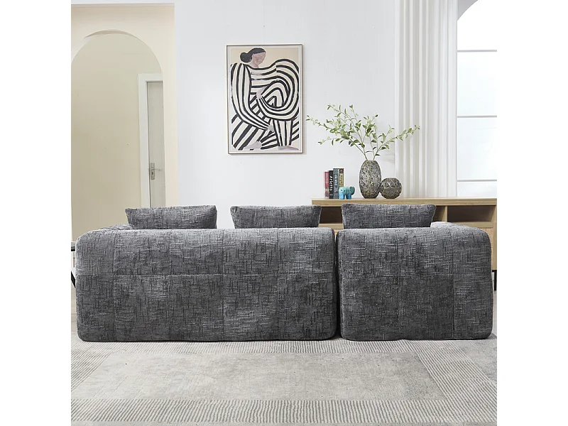 Canapé d'angle convertible en tissu Chenille - 3 places - avec 3 oreillers - Gris - 250x158x60cm