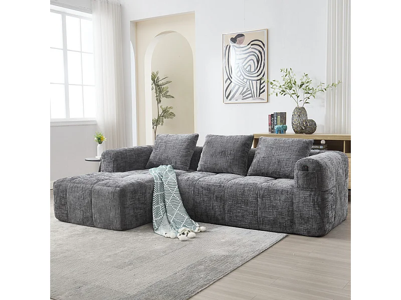Canapé d'angle convertible en tissu Chenille - 3 places - avec 3 oreillers - Gris - 250x158x60cm