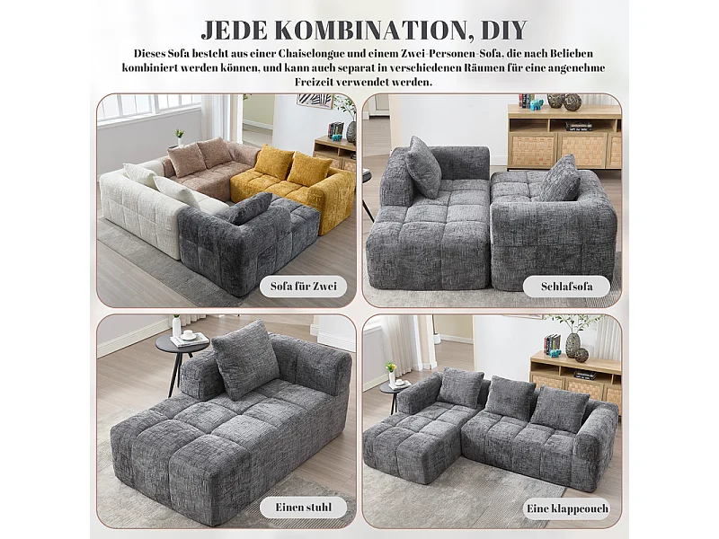 Canapé d'angle convertible en tissu Chenille - 3 places - avec 3 oreillers - Gris - 250x158x60cm