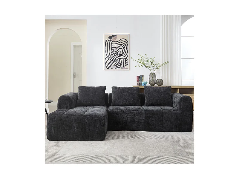 Canapé d'angle convertible en tissu Chenille - 3 places - avec 3 oreillers - Noir - 250x158x60cm