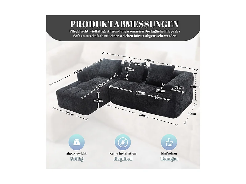 Canapé d'angle convertible en tissu Chenille - 3 places - avec 3 oreillers - Noir - 250x158x60cm