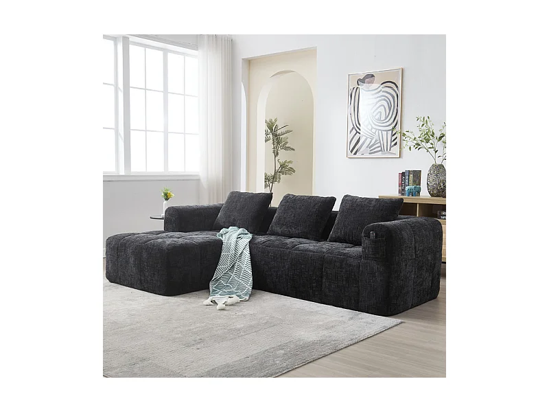 Canapé d'angle convertible en tissu Chenille - 3 places - avec 3 oreillers - Noir - 250x158x60cm
