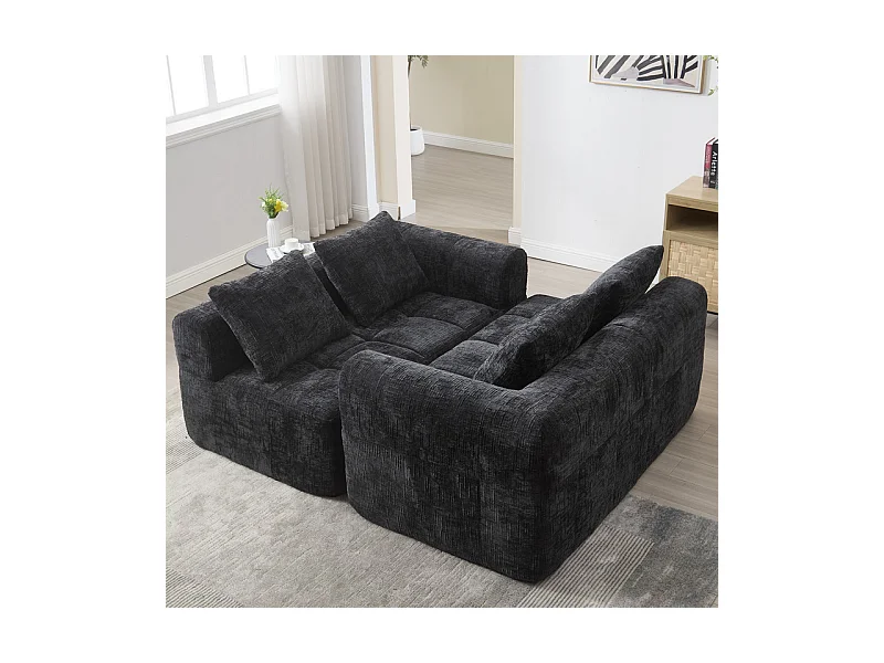 Canapé d'angle convertible en tissu Chenille - 3 places - avec 3 oreillers - Noir - 250x158x60cm