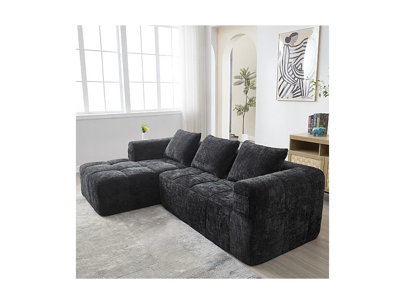 Canapé d'angle convertible en tissu Chenille - 3 places - avec 3 oreillers - Noir - 250x158x60cm