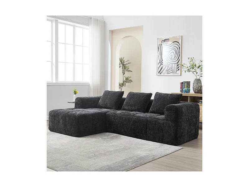 Canapé d'angle convertible en tissu Chenille - 3 places - avec 3 oreillers - Noir - 250x158x60cm
