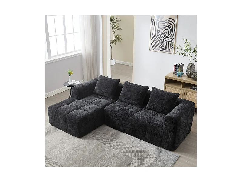 Canapé d'angle convertible en tissu Chenille - 3 places - avec 3 oreillers - Noir - 250x158x60cm