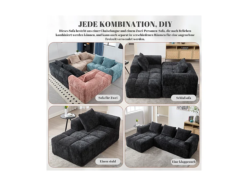 Canapé d'angle convertible en tissu Chenille - 3 places - avec 3 oreillers - Noir - 250x158x60cm