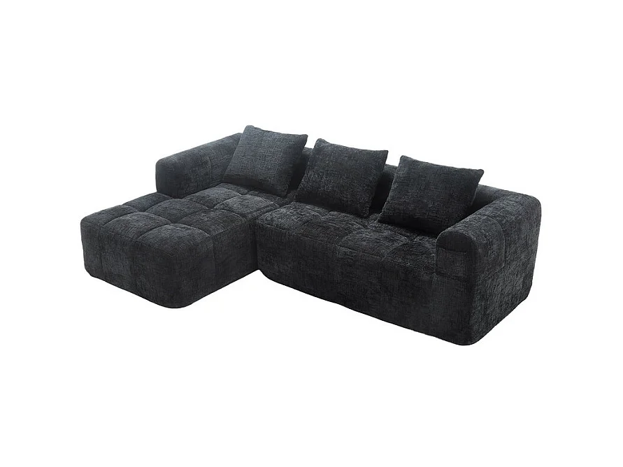 Divano angolare convertibile in tessuto Chenille - 3 posti - con 3 cuscini - Nero - 250x158x60cm