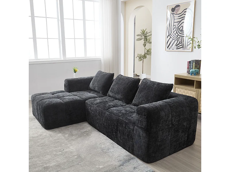 Eck-Schlafsofa aus Chenille-Stoff - 3-sitzig - mit 3 Kissen - Schwarz - 250x158x60cm