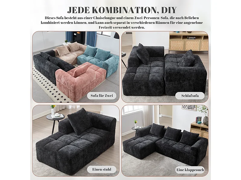 Eck-Schlafsofa aus Chenille-Stoff - 3-sitzig - mit 3 Kissen - Schwarz - 250x158x60cm