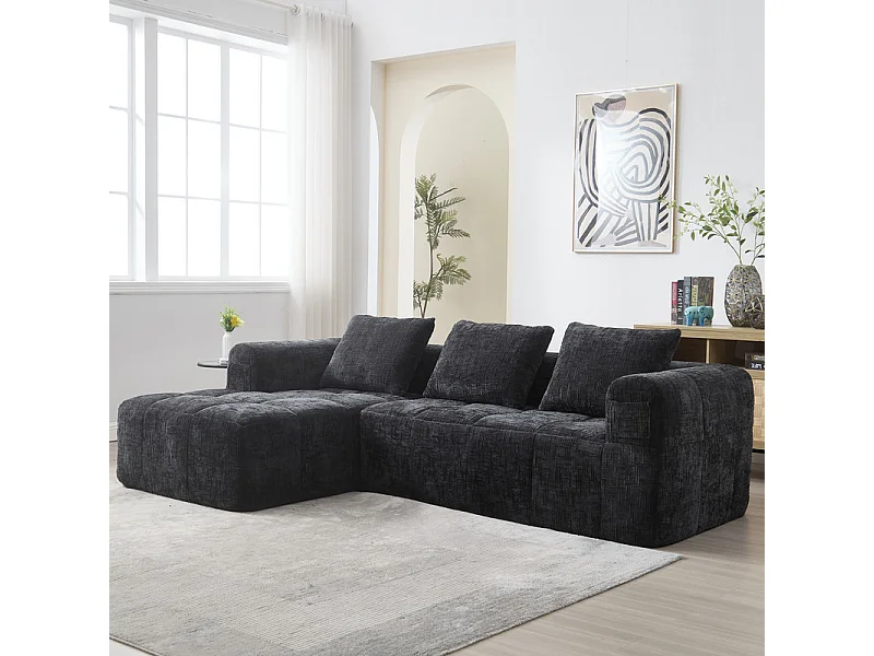 Canapé d'angle convertible en tissu Chenille - 3 places - avec 3 oreillers - Noir - 250x158x60cm