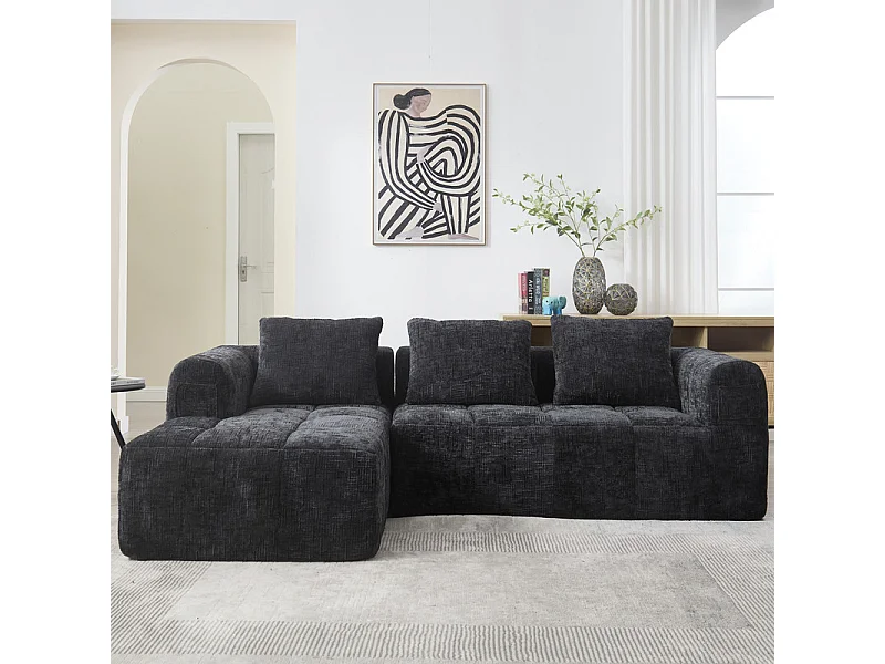 Canapé d'angle convertible en tissu Chenille - 3 places - avec 3 oreillers - Noir - 250x158x60cm