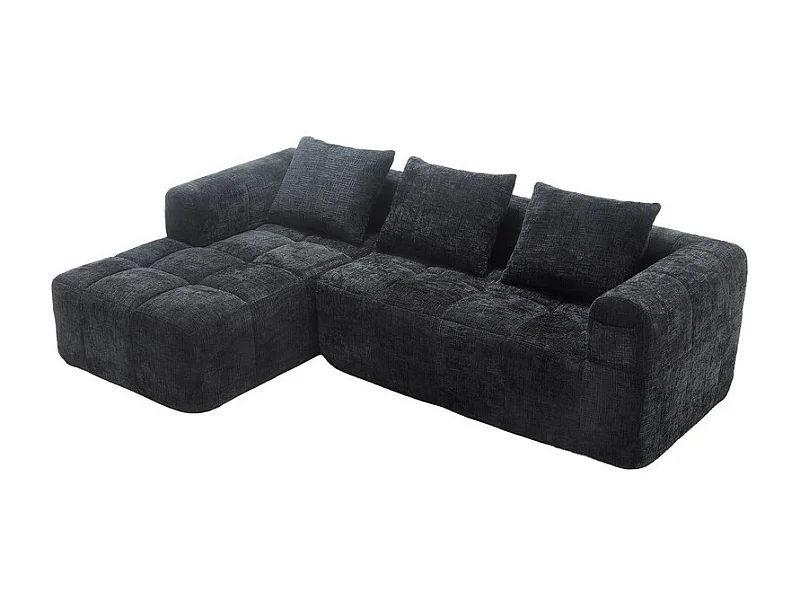 Canapé d'angle convertible en tissu Chenille - 3 places - avec 3 oreillers - Noir - 250x158x60cm