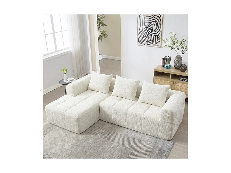 Canapé d'angle convertible en tissu Chenille - 3 places - avec 3 oreillers - Beige - 250x158x60cm