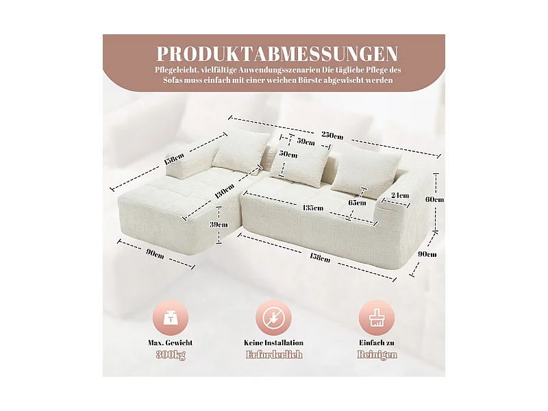 Canapé d'angle convertible en tissu Chenille - 3 places - avec 3 oreillers - Beige - 250x158x60cm