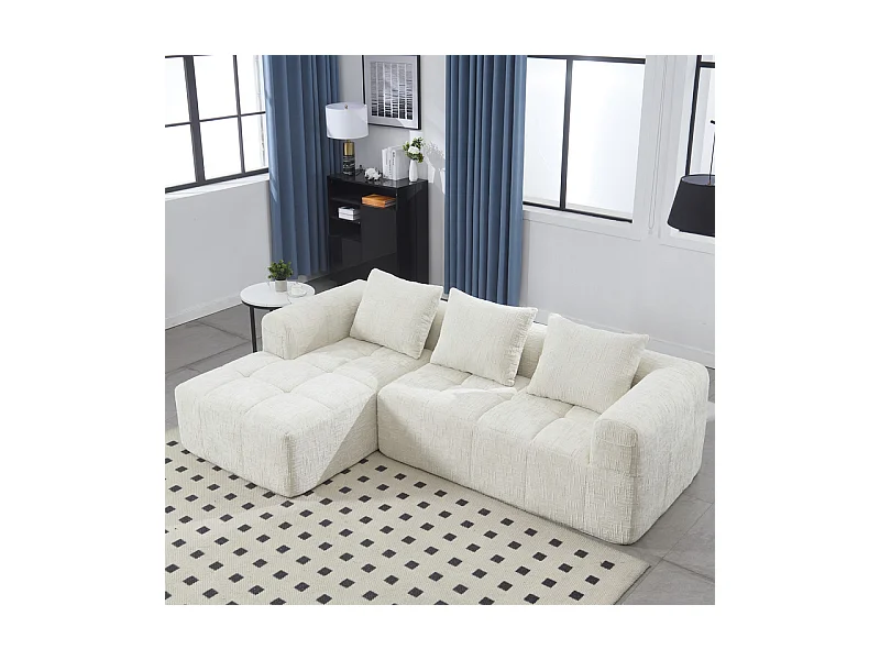 Canapé d'angle convertible en tissu Chenille - 3 places - avec 3 oreillers - Beige - 250x158x60cm