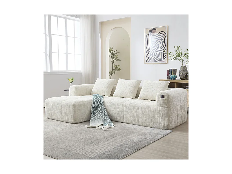 Canapé d'angle convertible en tissu Chenille - 3 places - avec 3 oreillers - Beige - 250x158x60cm