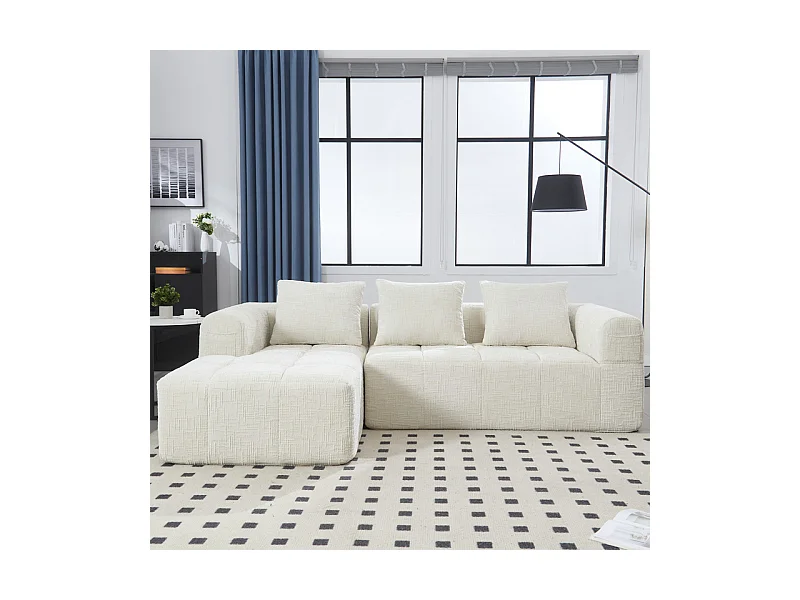 Canapé d'angle convertible en tissu Chenille - 3 places - avec 3 oreillers - Beige - 250x158x60cm