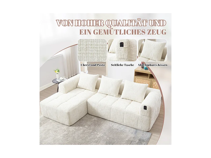 Canapé d'angle convertible en tissu Chenille - 3 places - avec 3 oreillers - Beige - 250x158x60cm