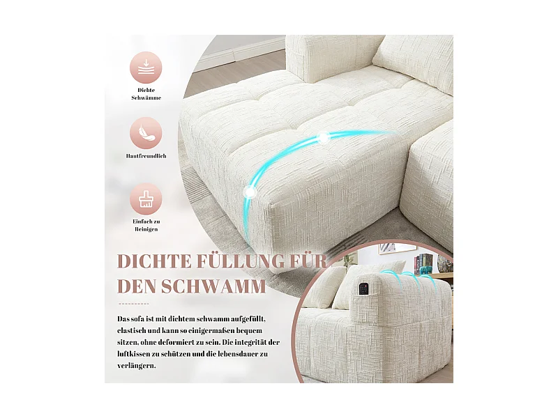 Canapé d'angle convertible en tissu Chenille - 3 places - avec 3 oreillers - Beige - 250x158x60cm