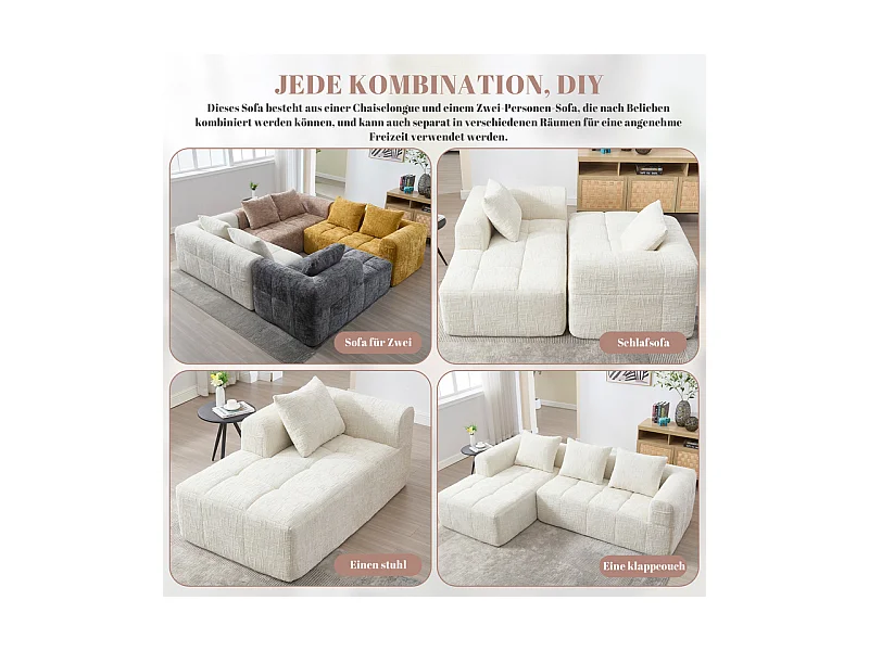 Canapé d'angle convertible en tissu Chenille - 3 places - avec 3 oreillers - Beige - 250x158x60cm