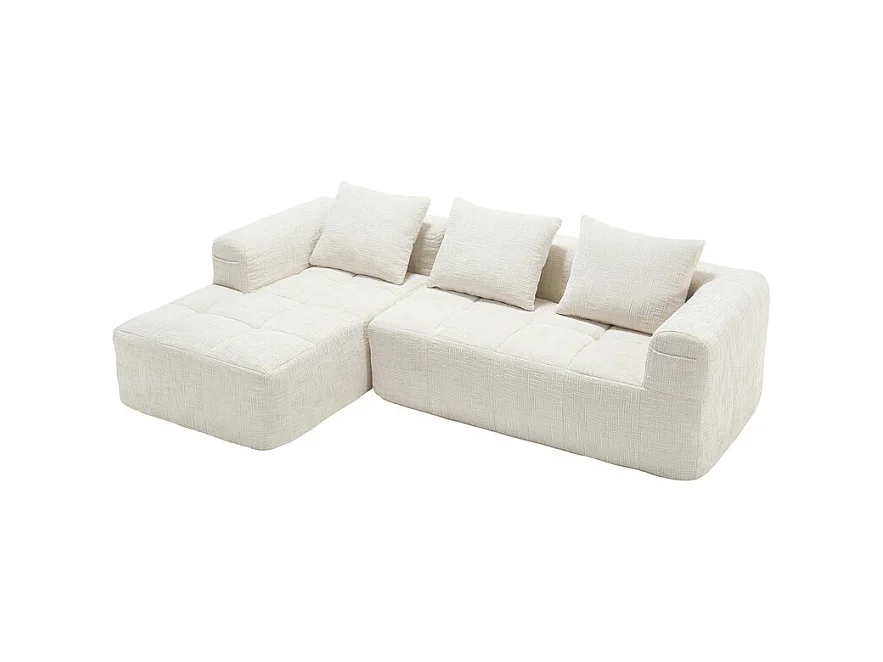 Divano angolare convertibile in tessuto Chenille - 3 posti - con 3 cuscini - Beige - 250x158x60cm