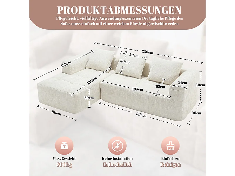Hoekbank bedbank in Chenille stof - 3-zits - met 3 kussens - Beige - 250x158x60cm
