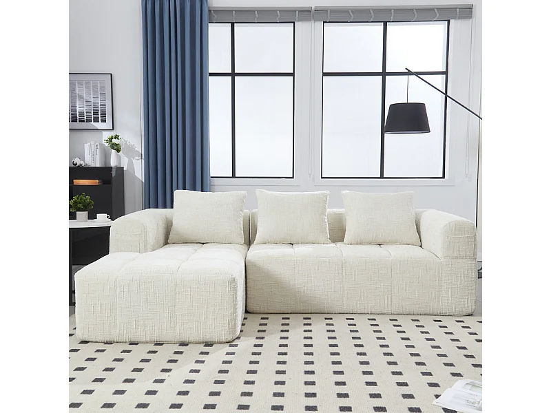 Hoekbank bedbank in Chenille stof - 3-zits - met 3 kussens - Beige - 250x158x60cm