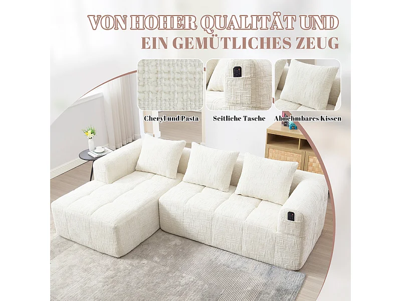 Hoekbank bedbank in Chenille stof - 3-zits - met 3 kussens - Beige - 250x158x60cm