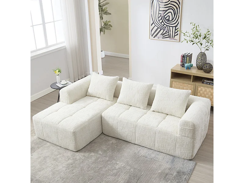 Canapé d'angle convertible en tissu Chenille - 3 places - avec 3 oreillers - Beige - 250x158x60cm