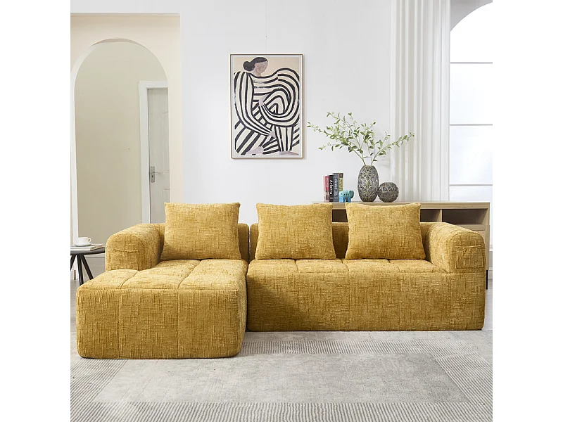 Eck-Schlafsofa aus Chenille-Stoff - 3-sitzig - mit 3 Kissen - Gelb - 250x158x60cm