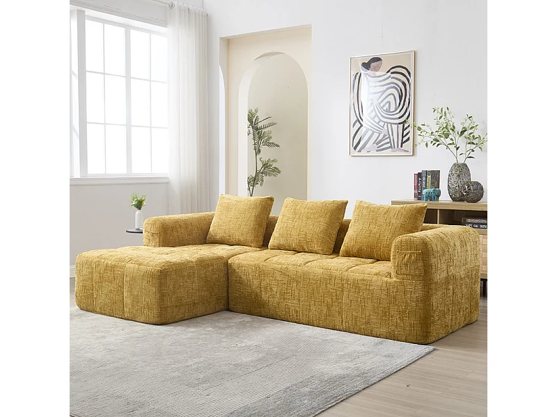 Eck-Schlafsofa aus Chenille-Stoff - 3-sitzig - mit 3 Kissen - Gelb - 250x158x60cm