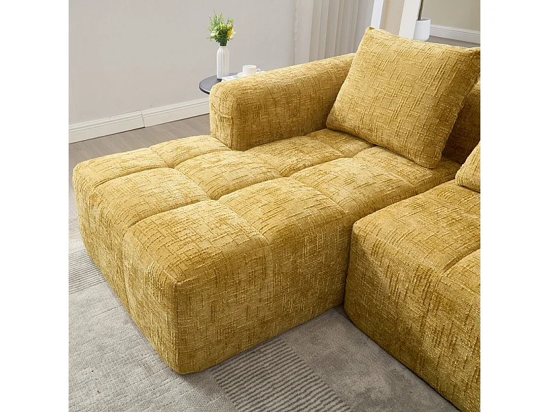Eck-Schlafsofa aus Chenille-Stoff - 3-sitzig - mit 3 Kissen - Gelb - 250x158x60cm
