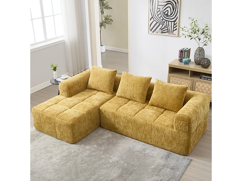 Eck-Schlafsofa aus Chenille-Stoff - 3-sitzig - mit 3 Kissen - Gelb - 250x158x60cm