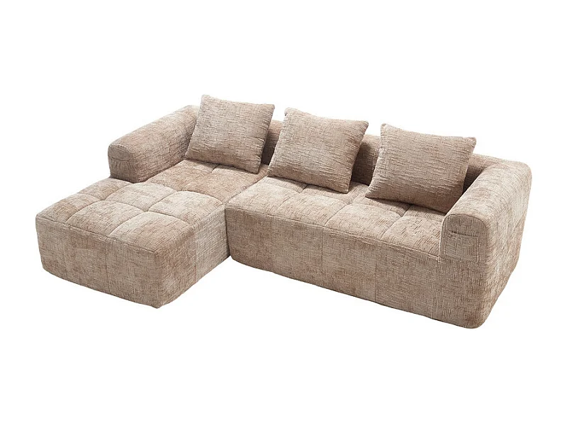 Eck-Schlafsofa aus Chenille-Stoff - 3-sitzig - mit 3 Kissen - Khaki - 250x158x60cm
