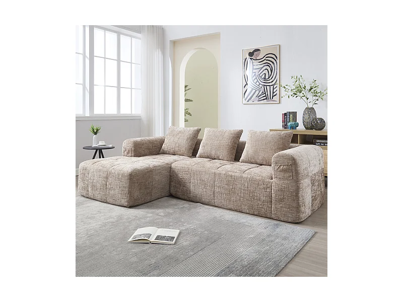 Canapé d'angle convertible en tissu Chenille - 3 places - avec 3 oreillers - Kaki - 250x158x60cm