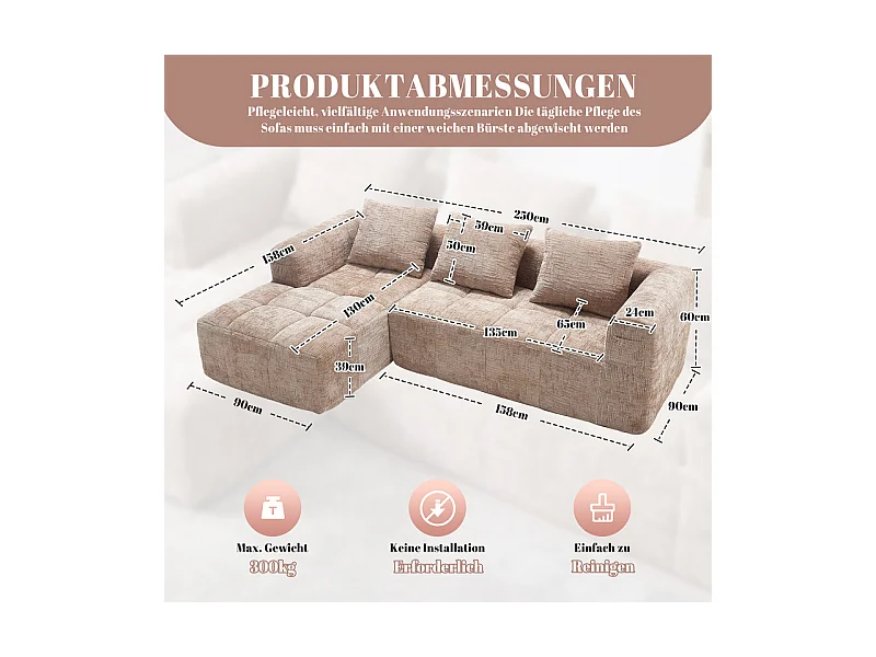 Canapé d'angle convertible en tissu Chenille - 3 places - avec 3 oreillers - Kaki - 250x158x60cm