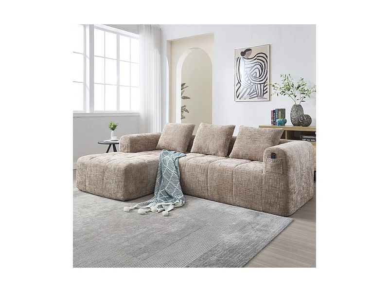 Canapé d'angle convertible en tissu Chenille - 3 places - avec 3 oreillers - Kaki - 250x158x60cm