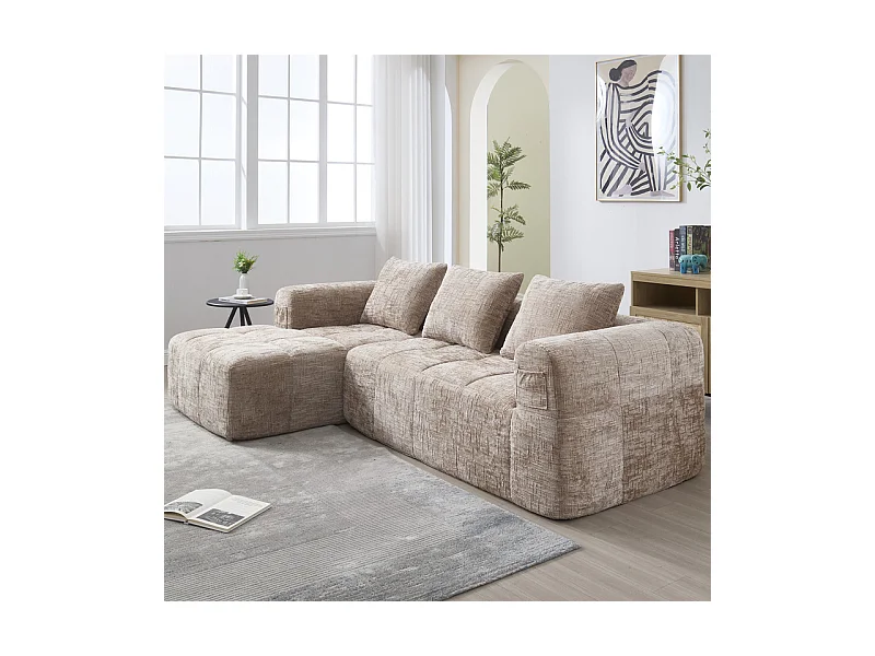 Canapé d'angle convertible en tissu Chenille - 3 places - avec 3 oreillers - Kaki - 250x158x60cm