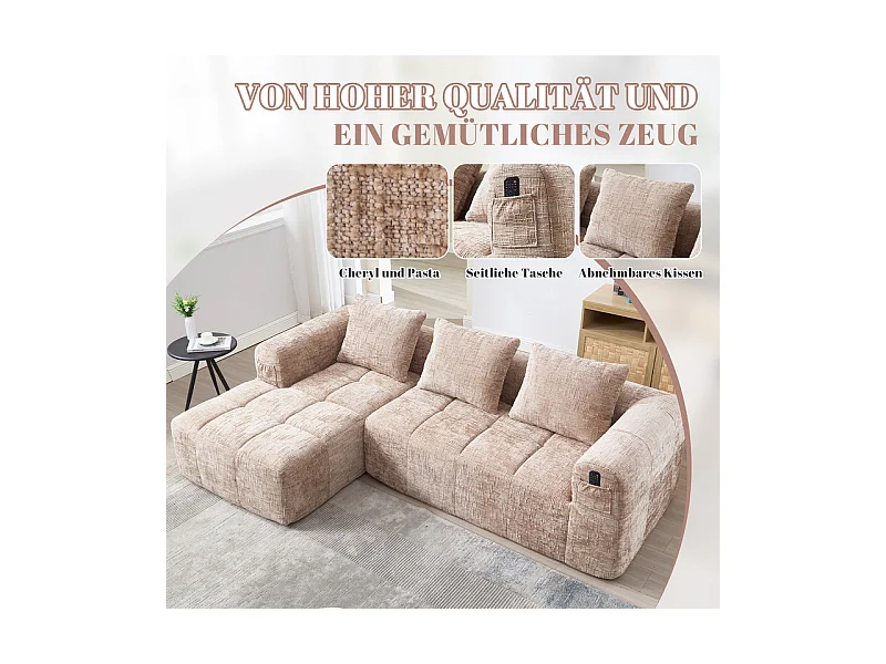 Canapé d'angle convertible en tissu Chenille - 3 places - avec 3 oreillers - Kaki - 250x158x60cm