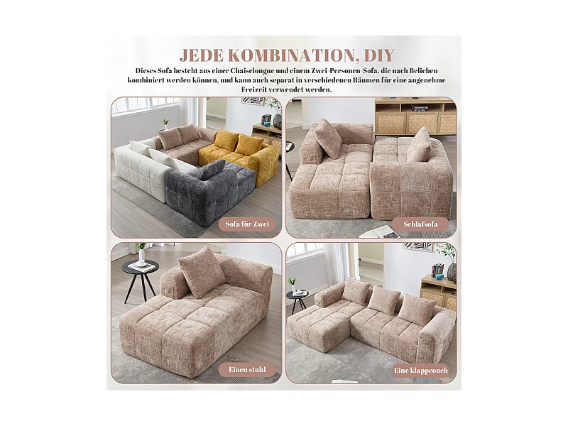 Canapé d'angle convertible en tissu Chenille - 3 places - avec 3 oreillers - Kaki - 250x158x60cm