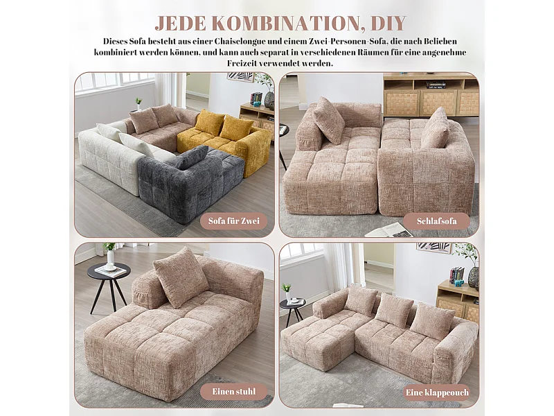 Canapé d'angle convertible en tissu Chenille - 3 places - avec 3 oreillers - Kaki - 250x158x60cm