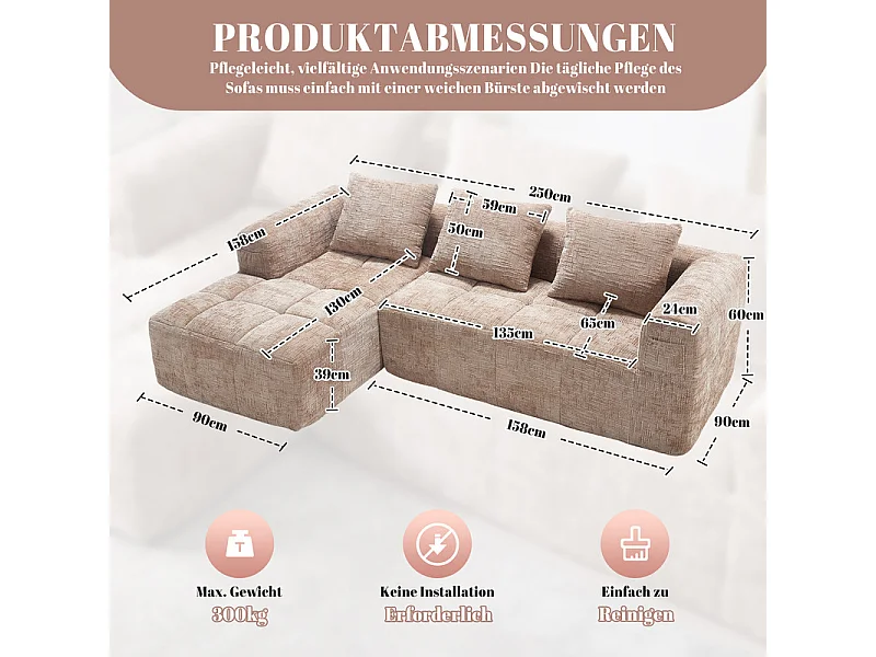 Canapé d'angle convertible en tissu Chenille - 3 places - avec 3 oreillers - Kaki - 250x158x60cm