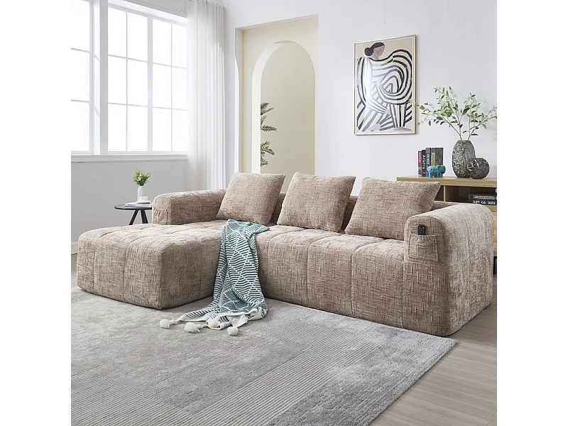 Canapé d'angle convertible en tissu Chenille - 3 places - avec 3 oreillers - Kaki - 250x158x60cm