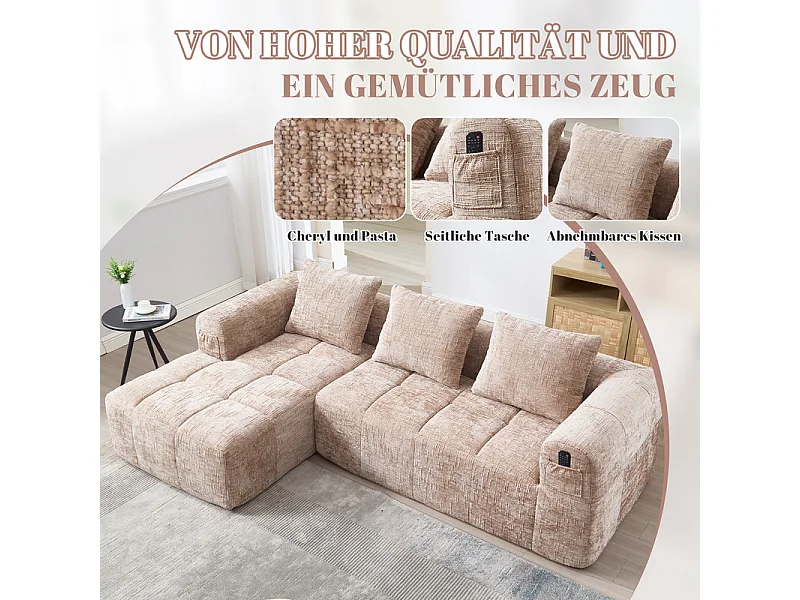 Canapé d'angle convertible en tissu Chenille - 3 places - avec 3 oreillers - Kaki - 250x158x60cm