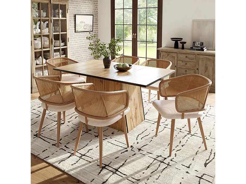 Ensemble table à manger + 6 chaises en rotin et velours, Beige
