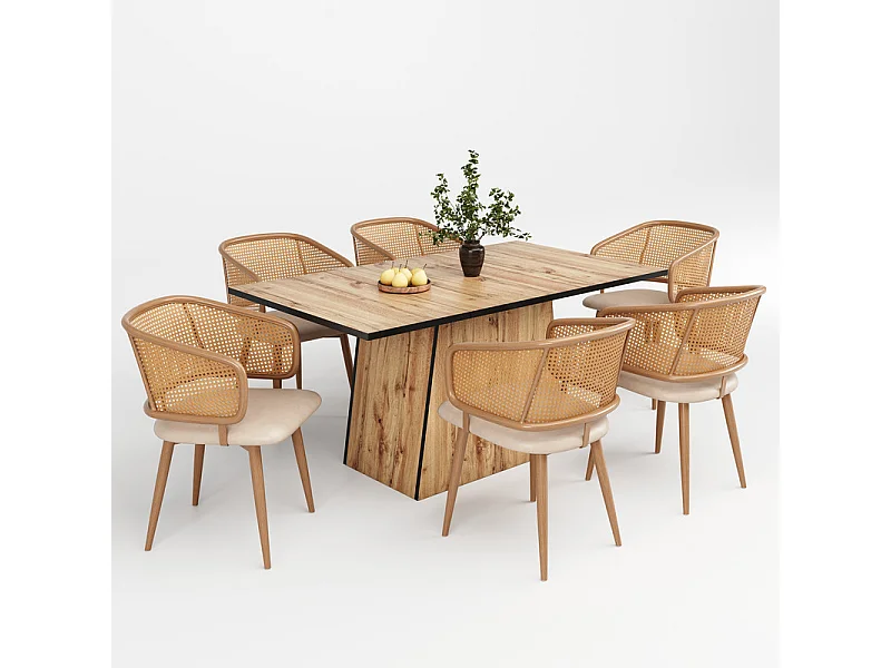 Ensemble table à manger + 6 chaises en rotin et velours, Beige